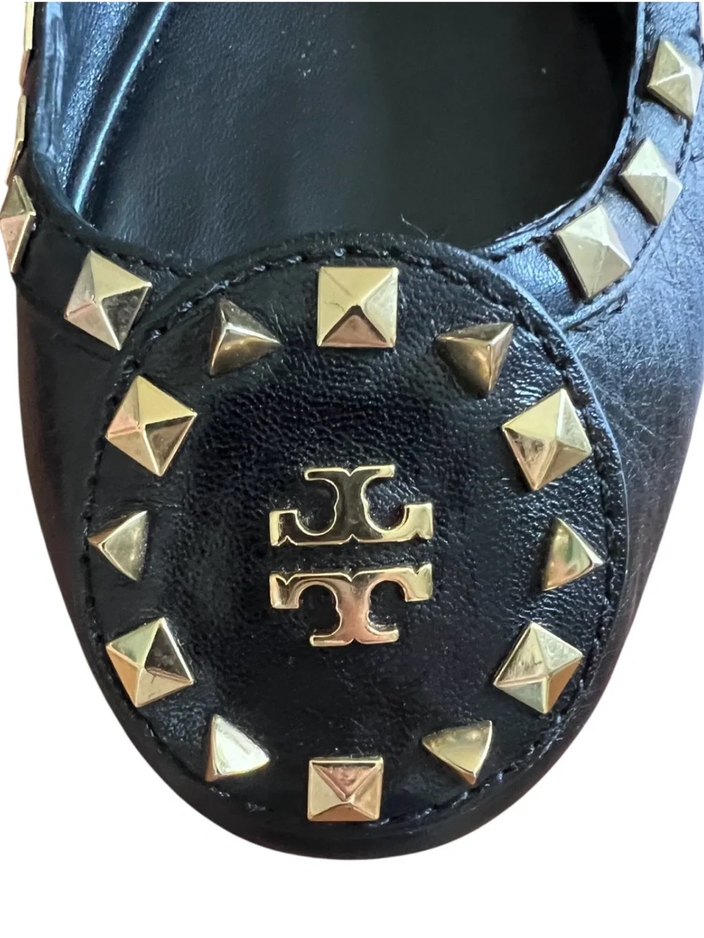 Tory Burch Dale Gold Studded Black Leather Ballet Flats Size 10